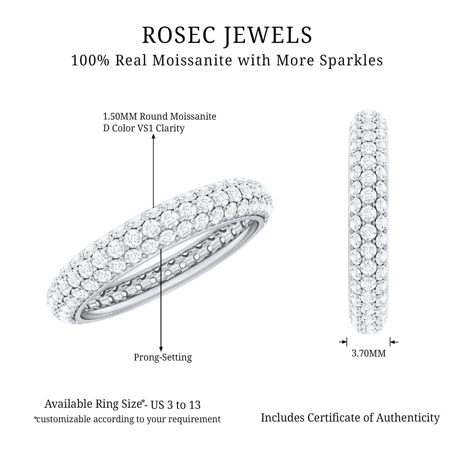 Pave Set Certified Moissanite Three Row Eternity Band