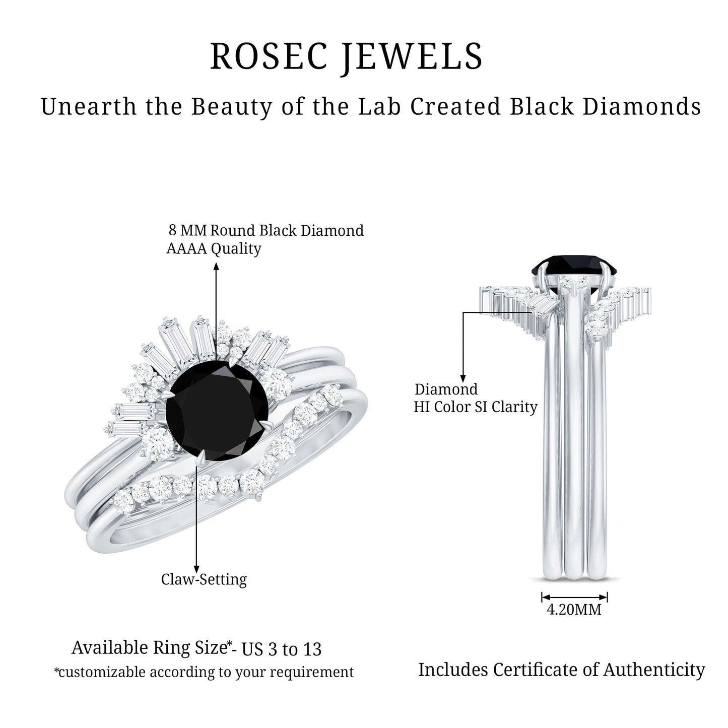 Certified 2 Carat Lab Grown Black and White Diamond 3 Piece Bridal Ring Set