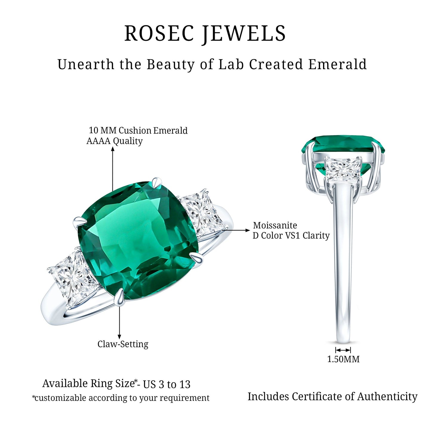Lab Grown Emerald Cushion Engagement Ring with Moissanite