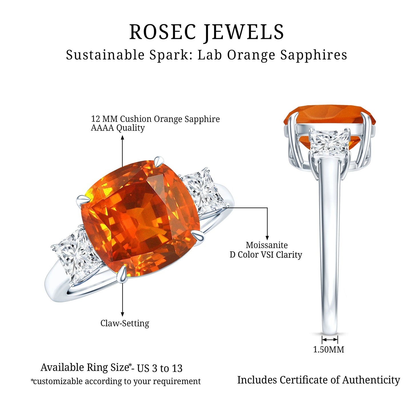 9 Carat Cushion Cut Lab Grown Orange Sapphire 3 Stone Engagement Ring