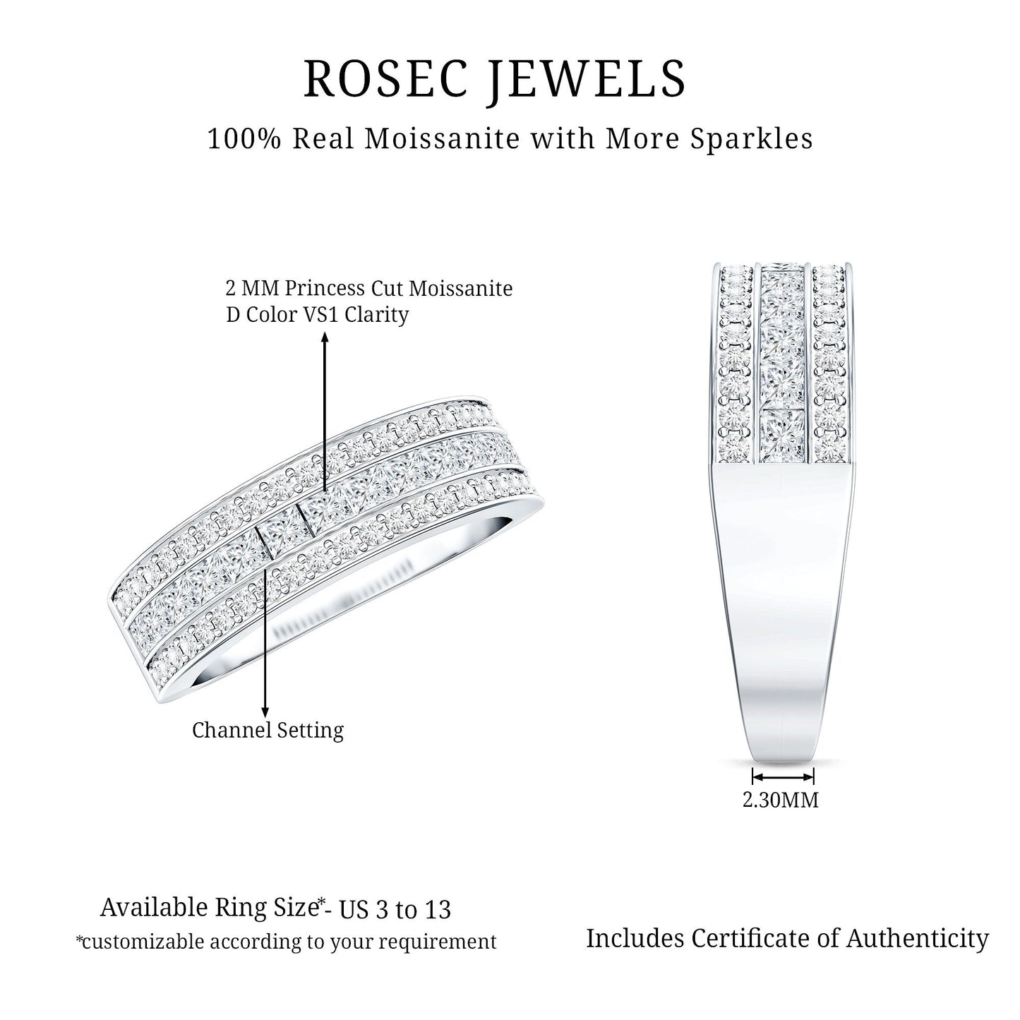 Moissanite 3 Row Eternity Band Ring for Women