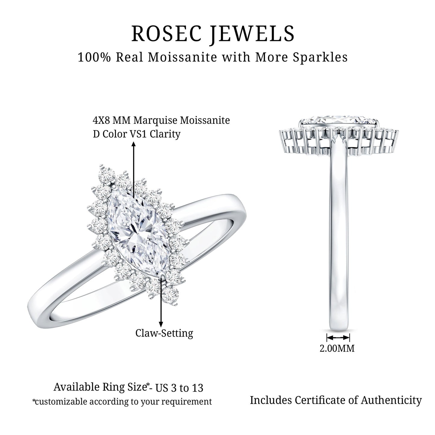 Certified Brilliant Cut Moissanite Marquise Engagement Ring