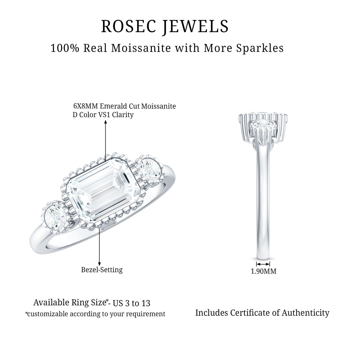 1.8 Carat Emerald Cut Moissanite 3 Stone Engagement Ring in East West Style