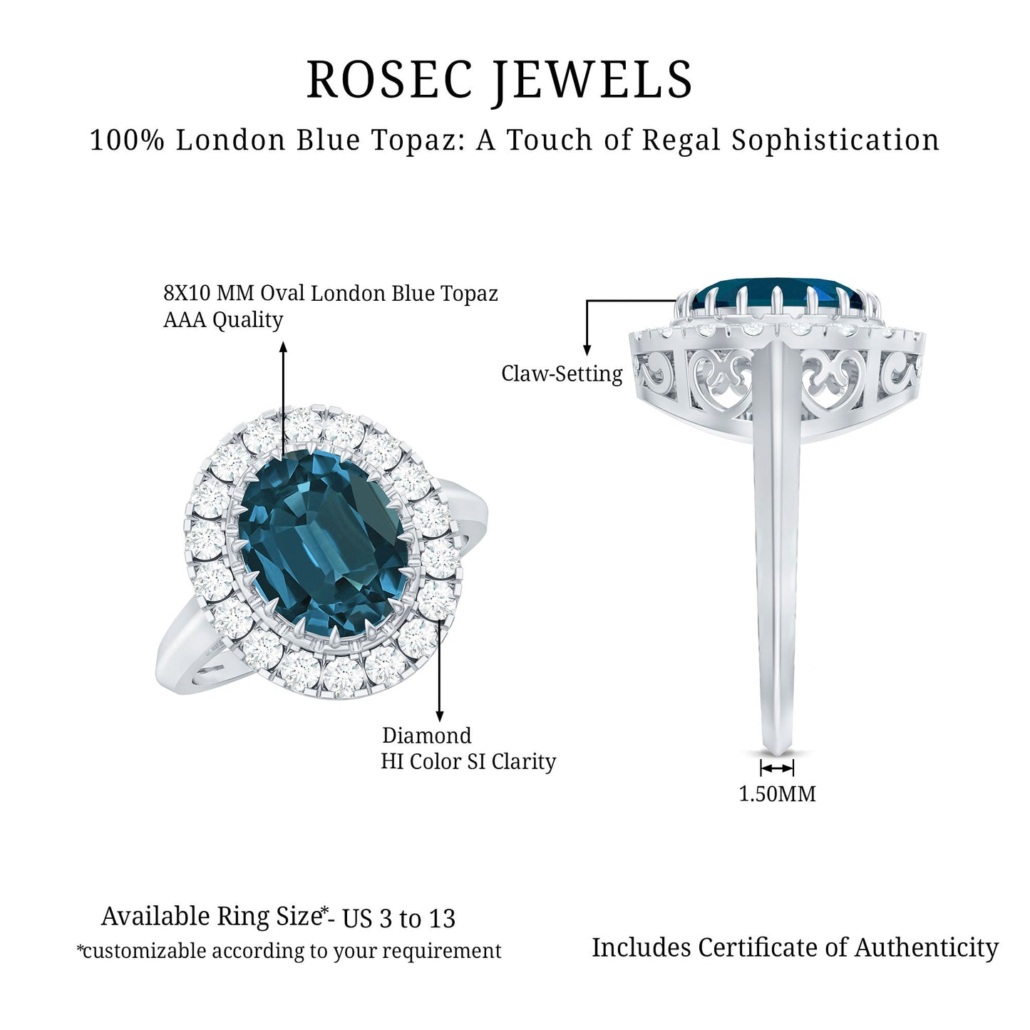 Genuine London Blue Topaz Statement Engagement Ring with Diamond