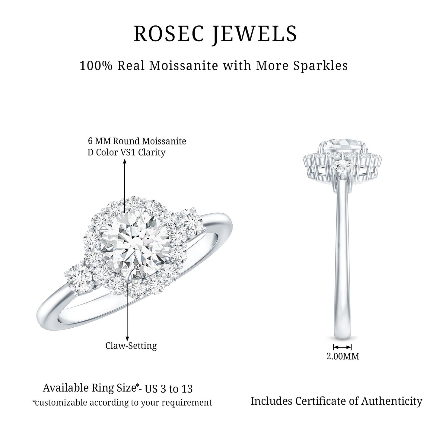 Round Cut Moissanite Halo Engagement Ring with Certificate
