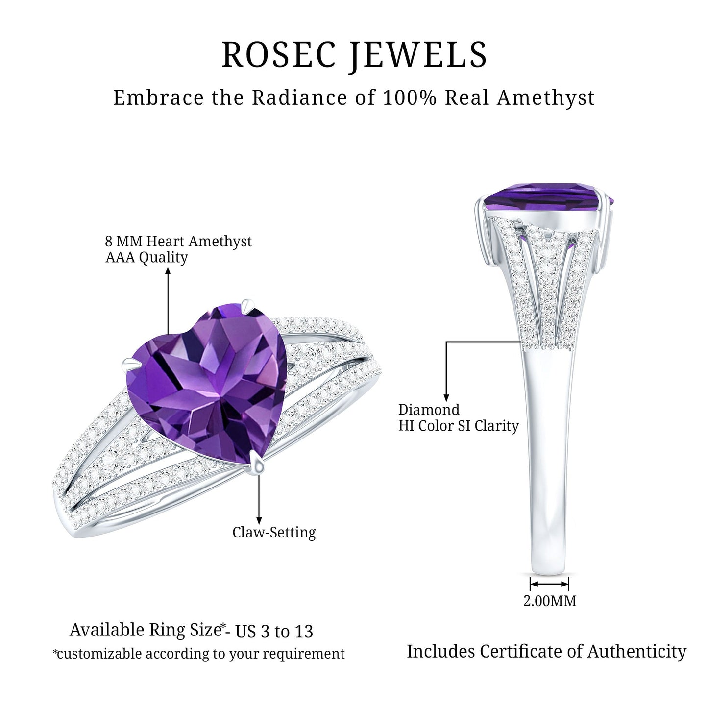 Natural 2 Carat Amethyst Heart Engagement Ring with Diamond Split Shank
