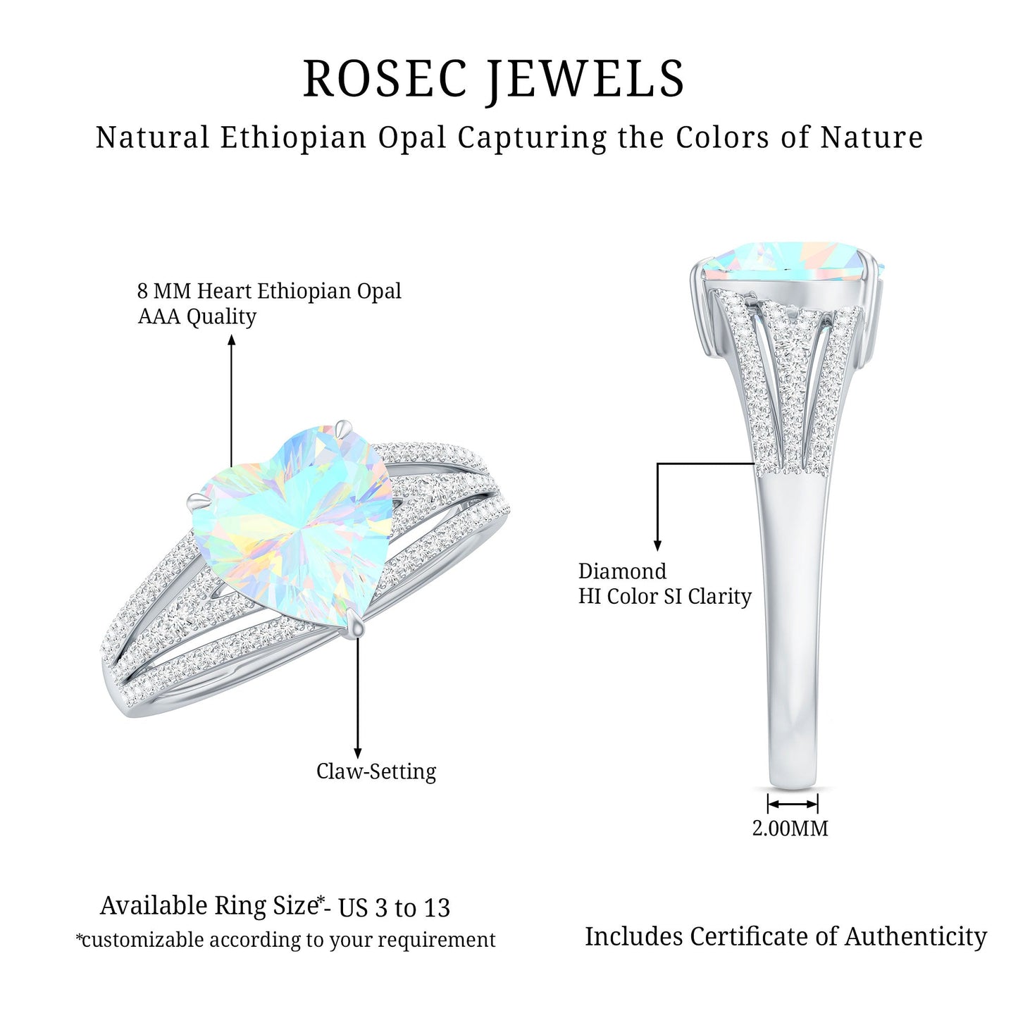 Designer Ethiopian Opal Heart Engagement Ring with Diamond Split Shank