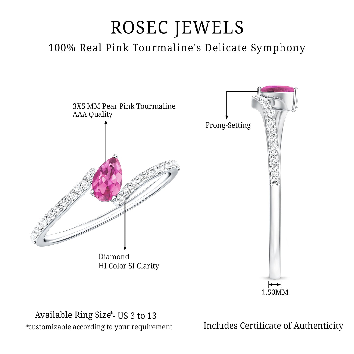 Tilted Pear Shape Pink Tourmaline and Diamond Bypass Promise Ring