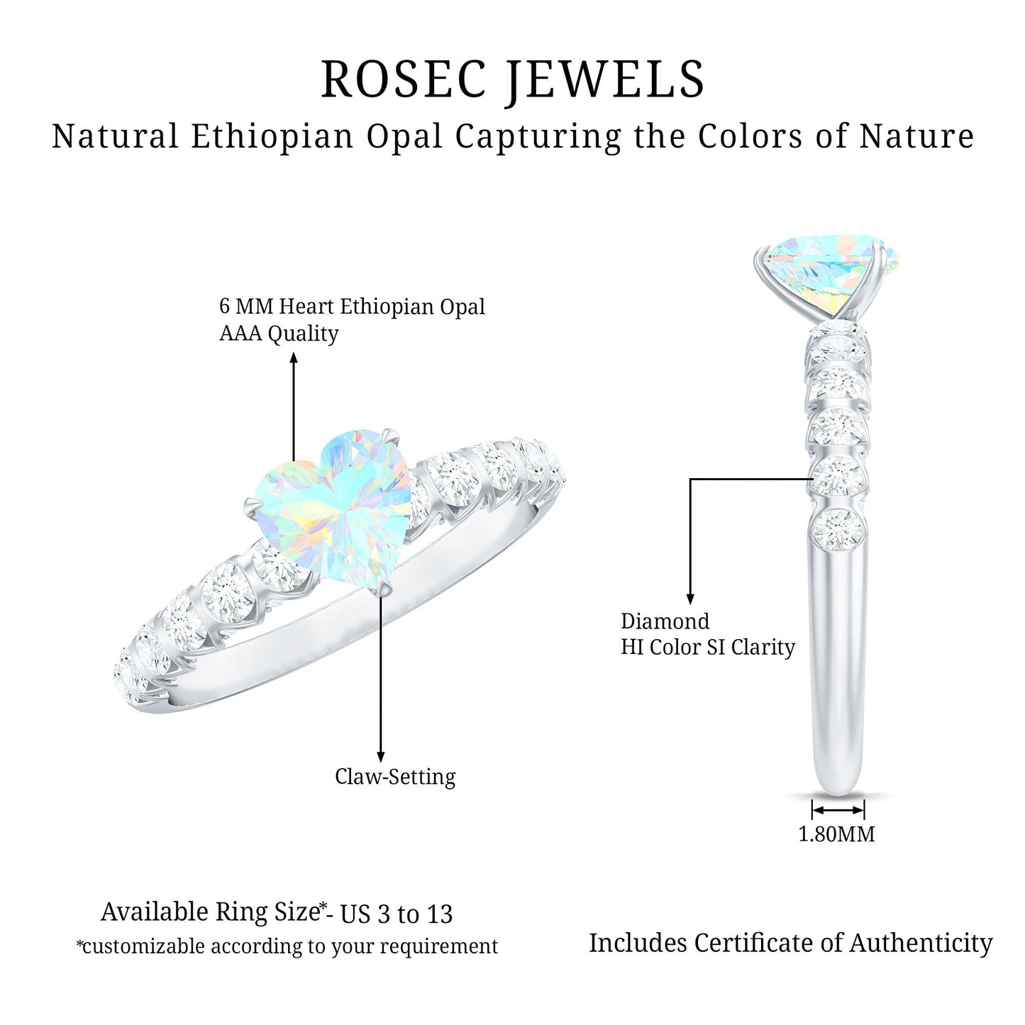 0.75 Carat Heart Shape Ethiopian Opal and Diamond Engagement Ring