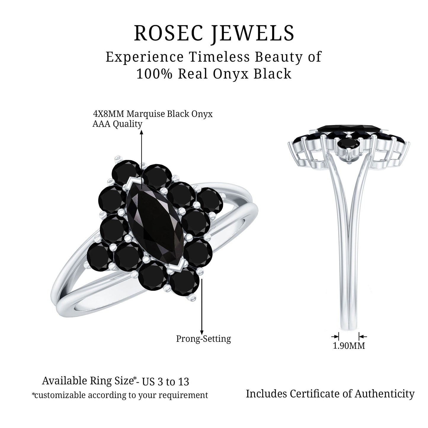 Certified Black Onyx Cluster Cocktail Ring with Split Shank