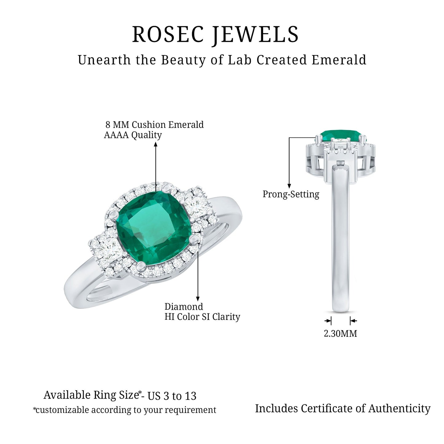 Cushion Cut 2 Carat Lab Grown Emerald Diamond Statement Engagement Ring