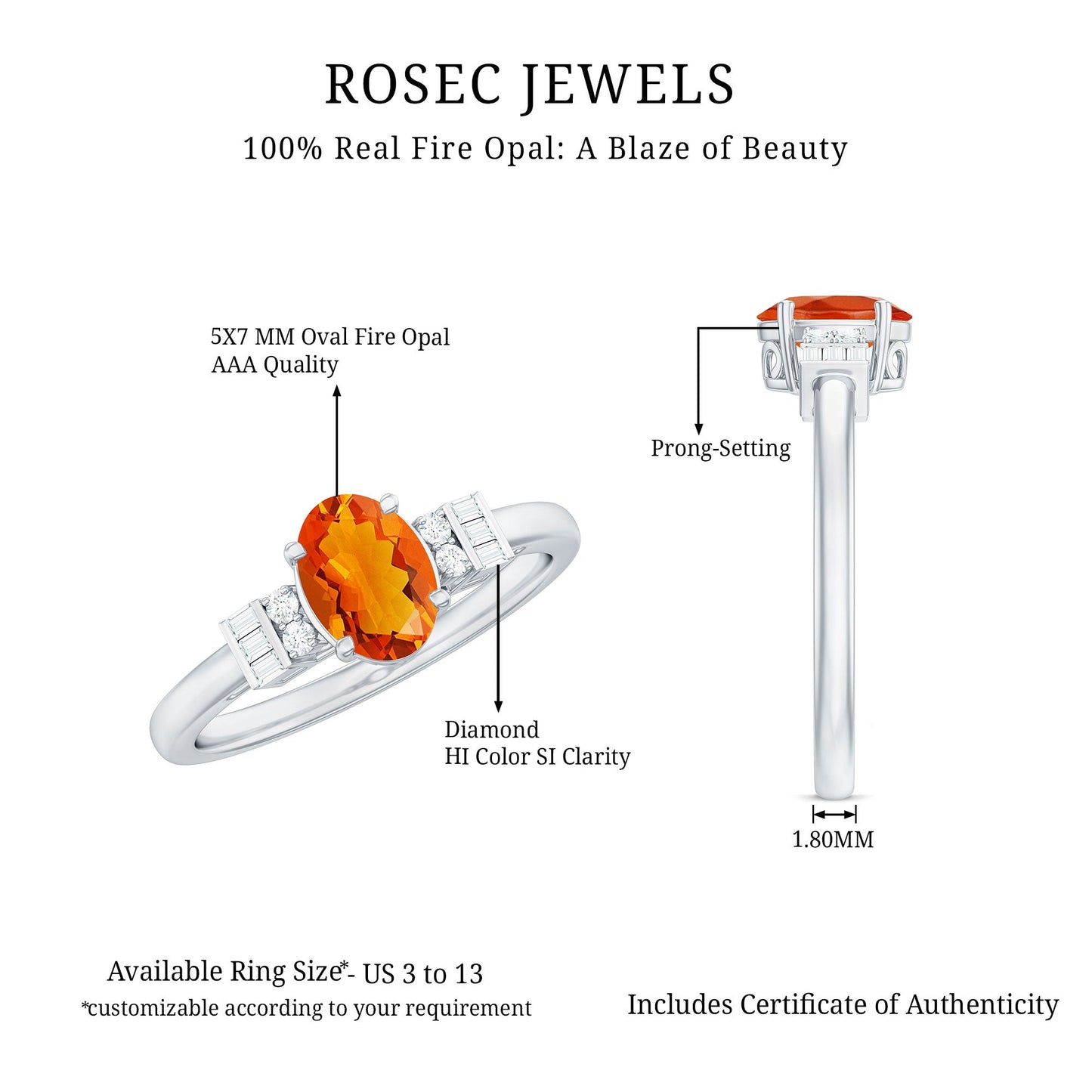 0.6 Carat Natural Oval Cut Fire Opal Classic Engagement Ring with Diamond