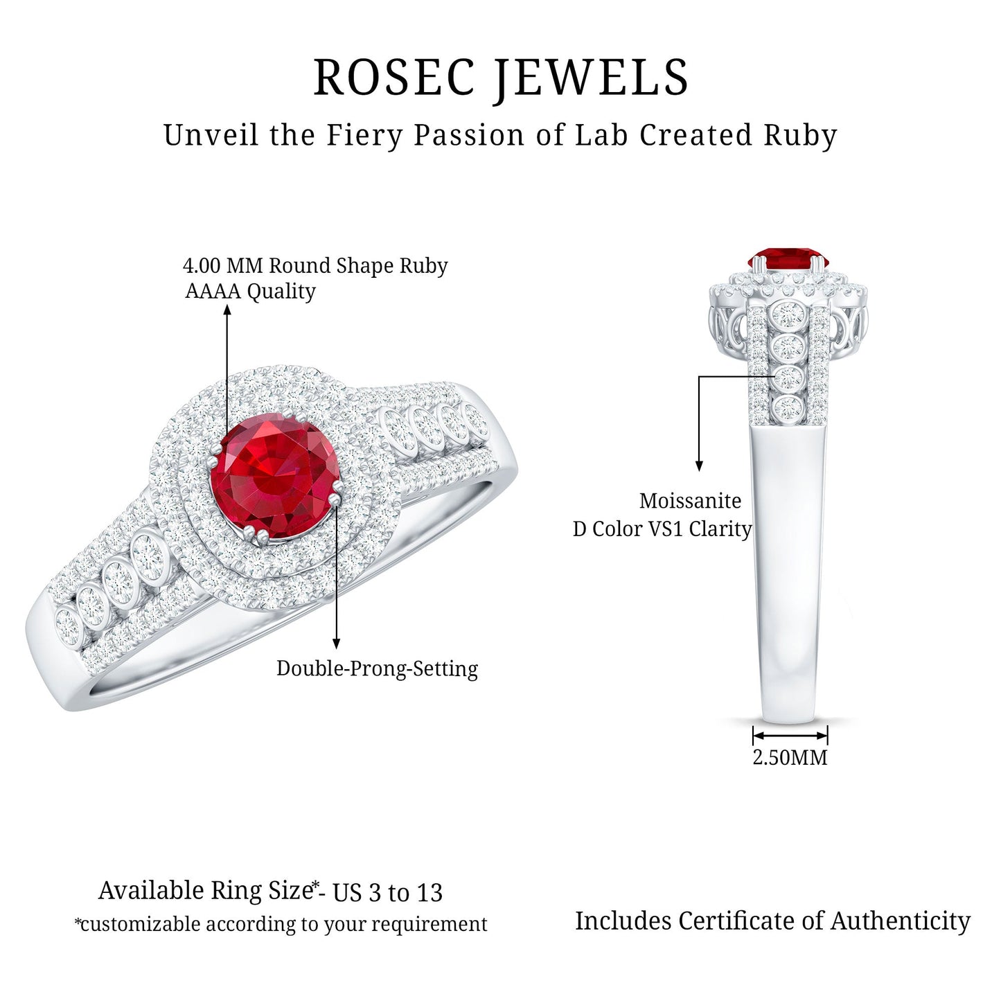 Antique Style Lab Ruby and Moissanite Double Halo Engagement Ring