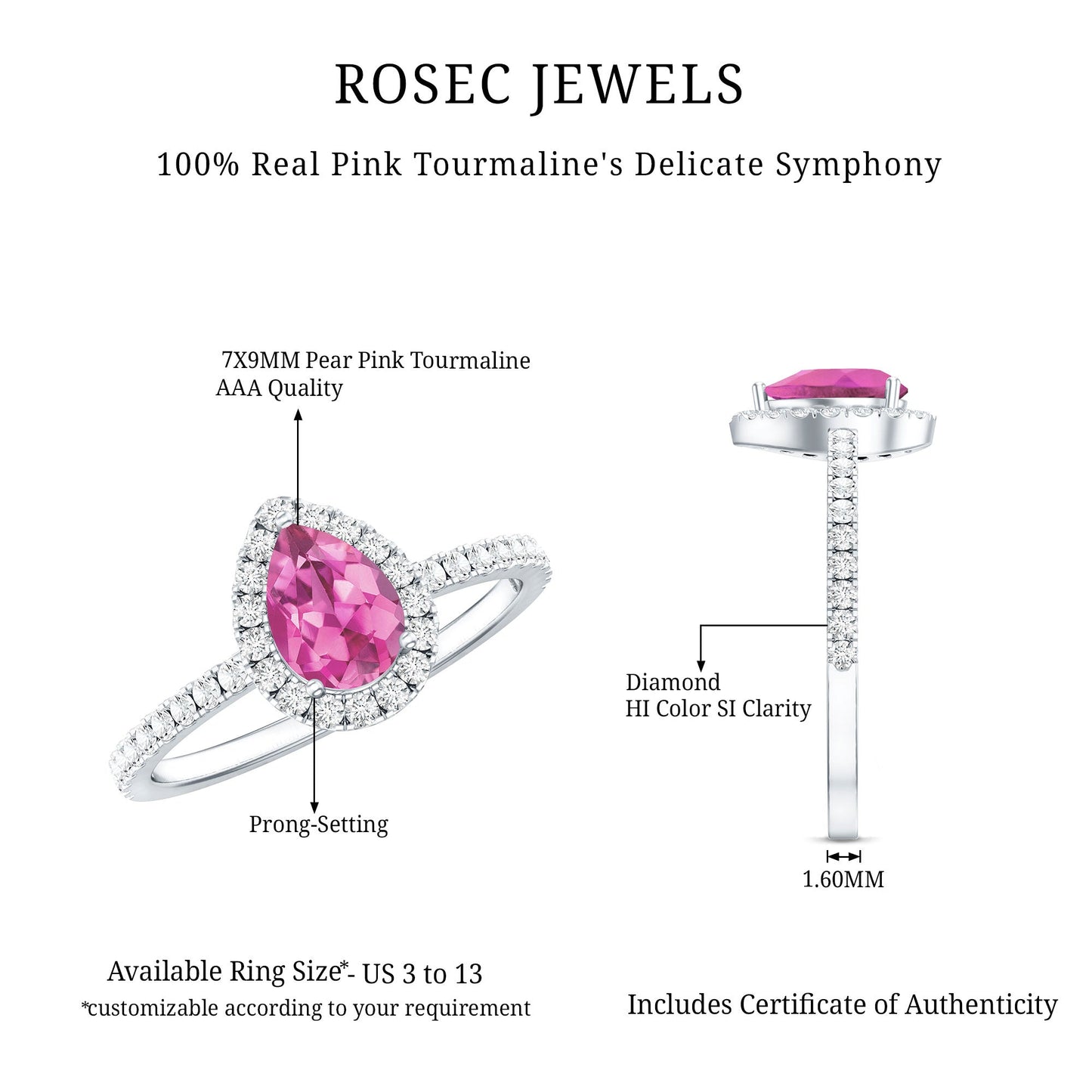 Natural Pink Tourmaline Teardrop Ring with Diamond Halo