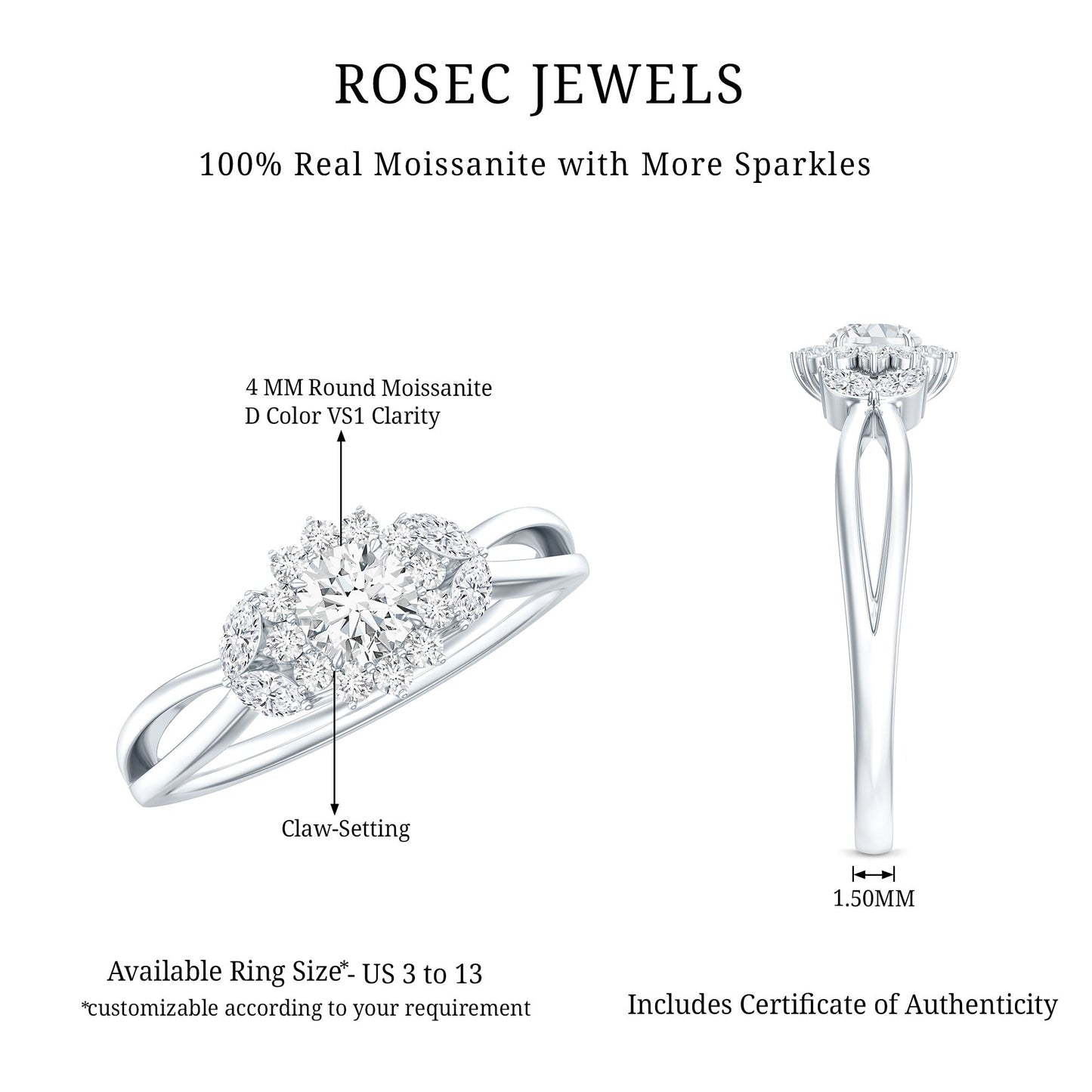 Certified Moissanite Flower Engagement Ring with Split Shank