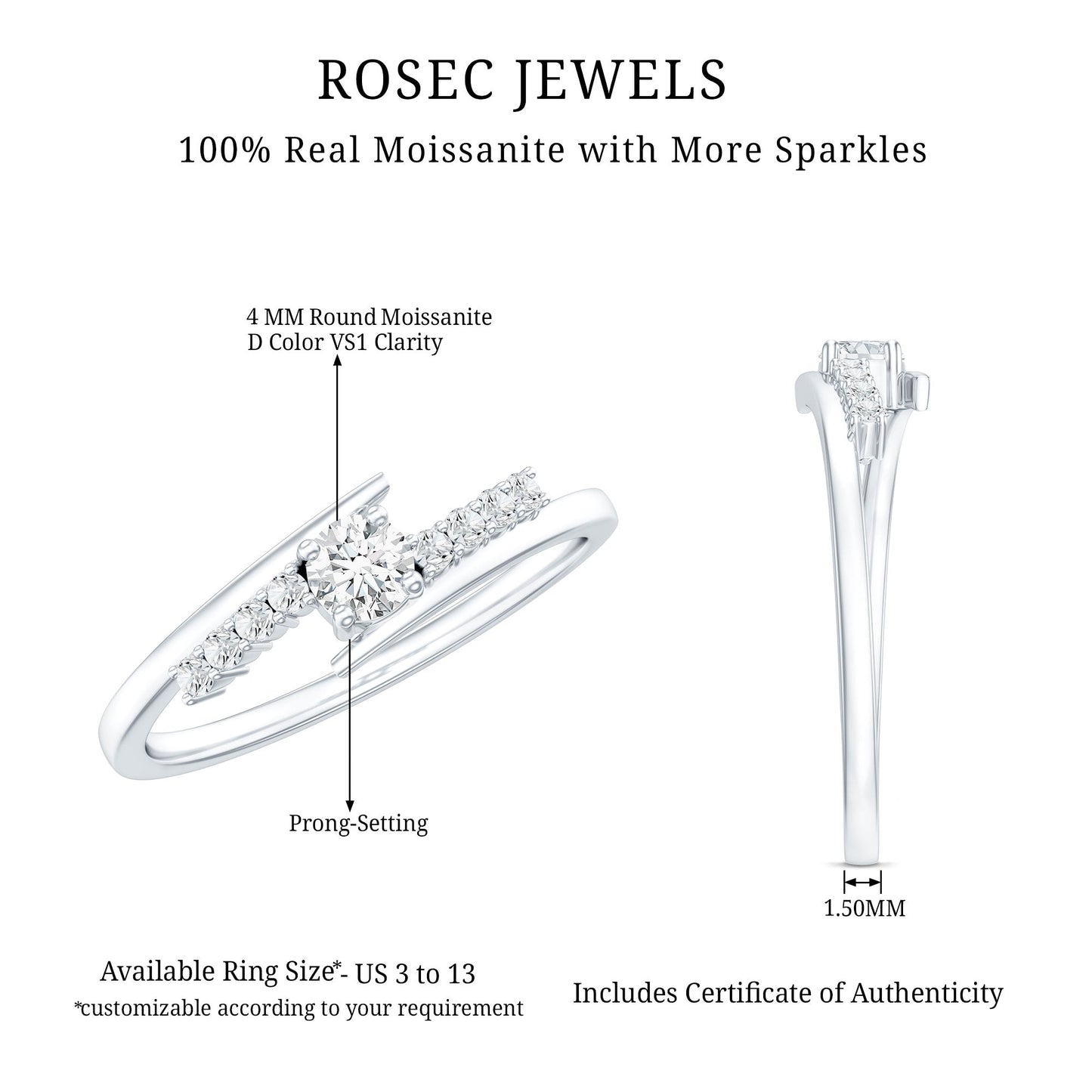 Round Cut Moissanite Promise Ring with Bypass Shank