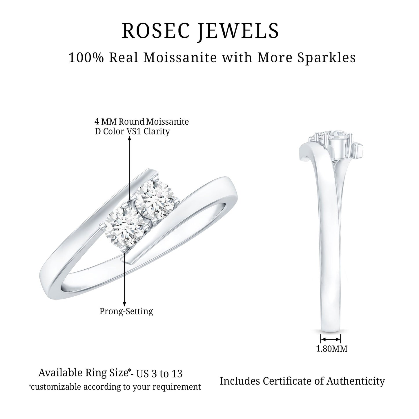 Certified Two Stone Moissanite Commitment Ring For Her