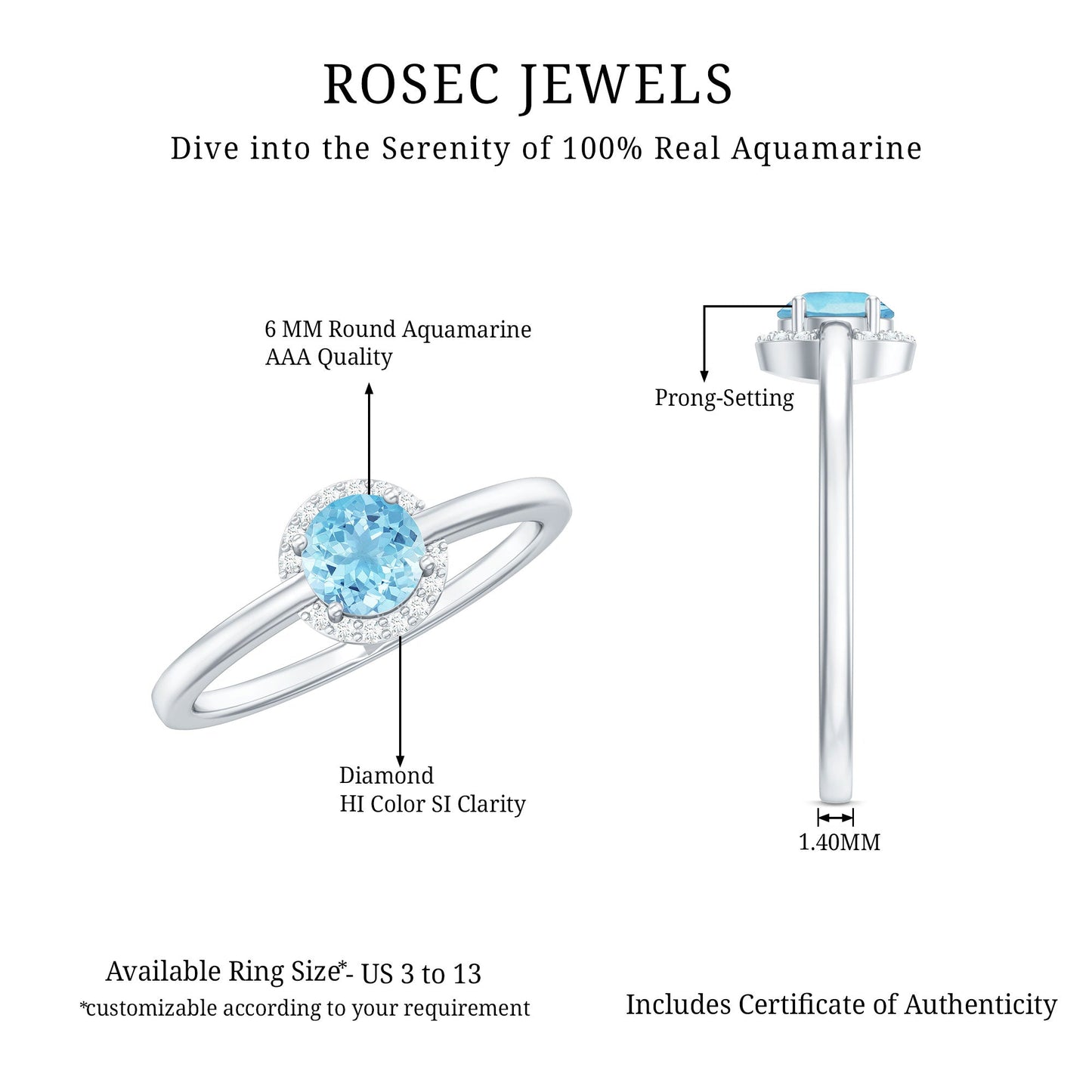 Certified Real Aquamarine Promise Ring with Diamond Halo