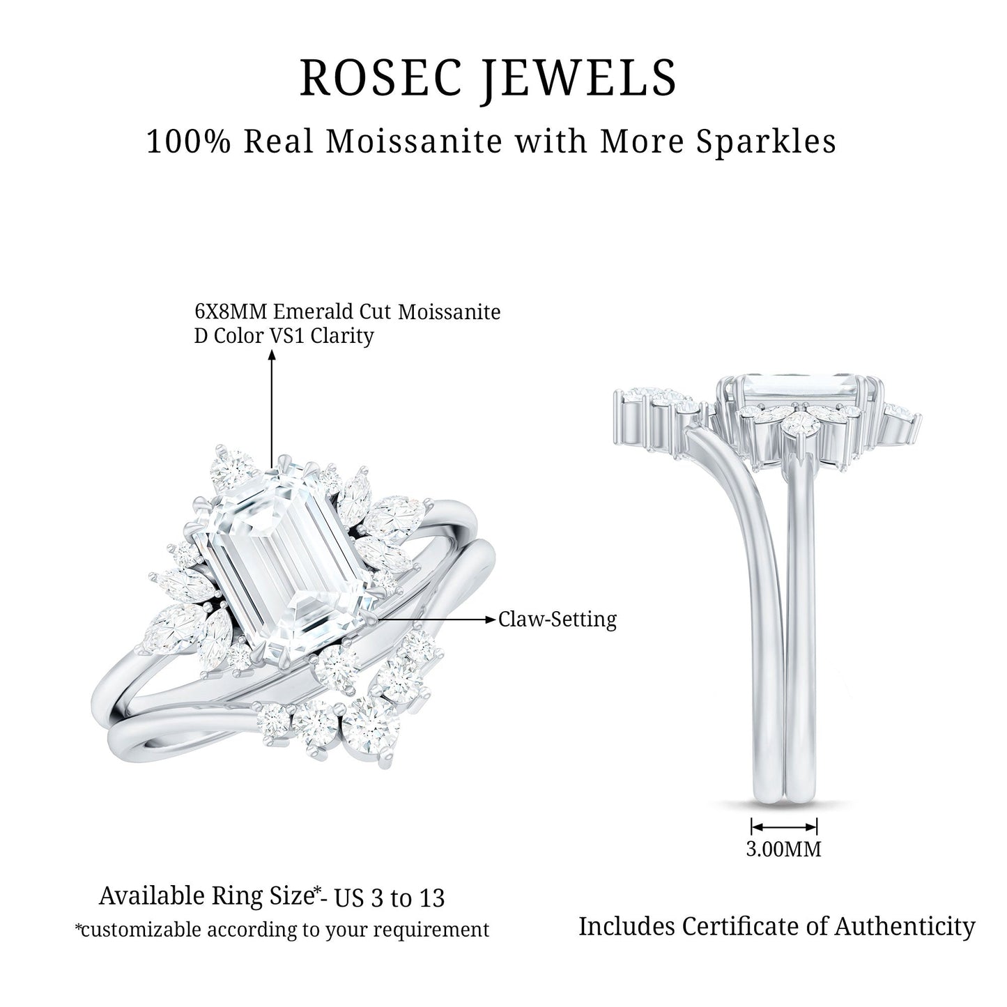 Designer Emerald Cut Moissanite Wedding Ring Set for Women