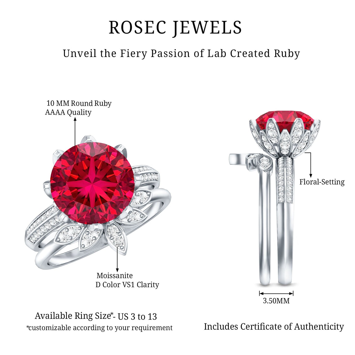 Lab Grown Ruby Flower Bridal Engagement Ring Set with Moissanite