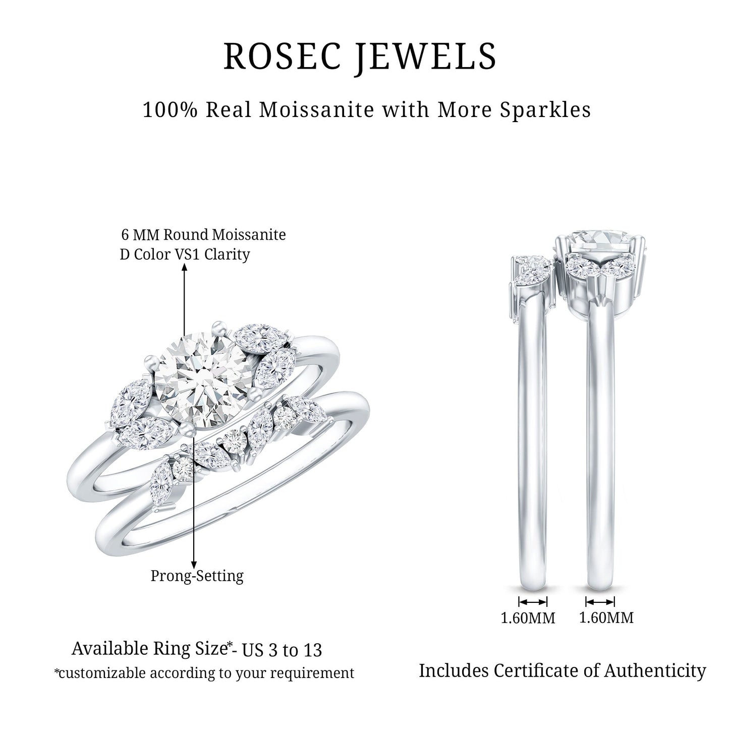 Round Cut Moissanite Bridal Ring Set with Certificate
