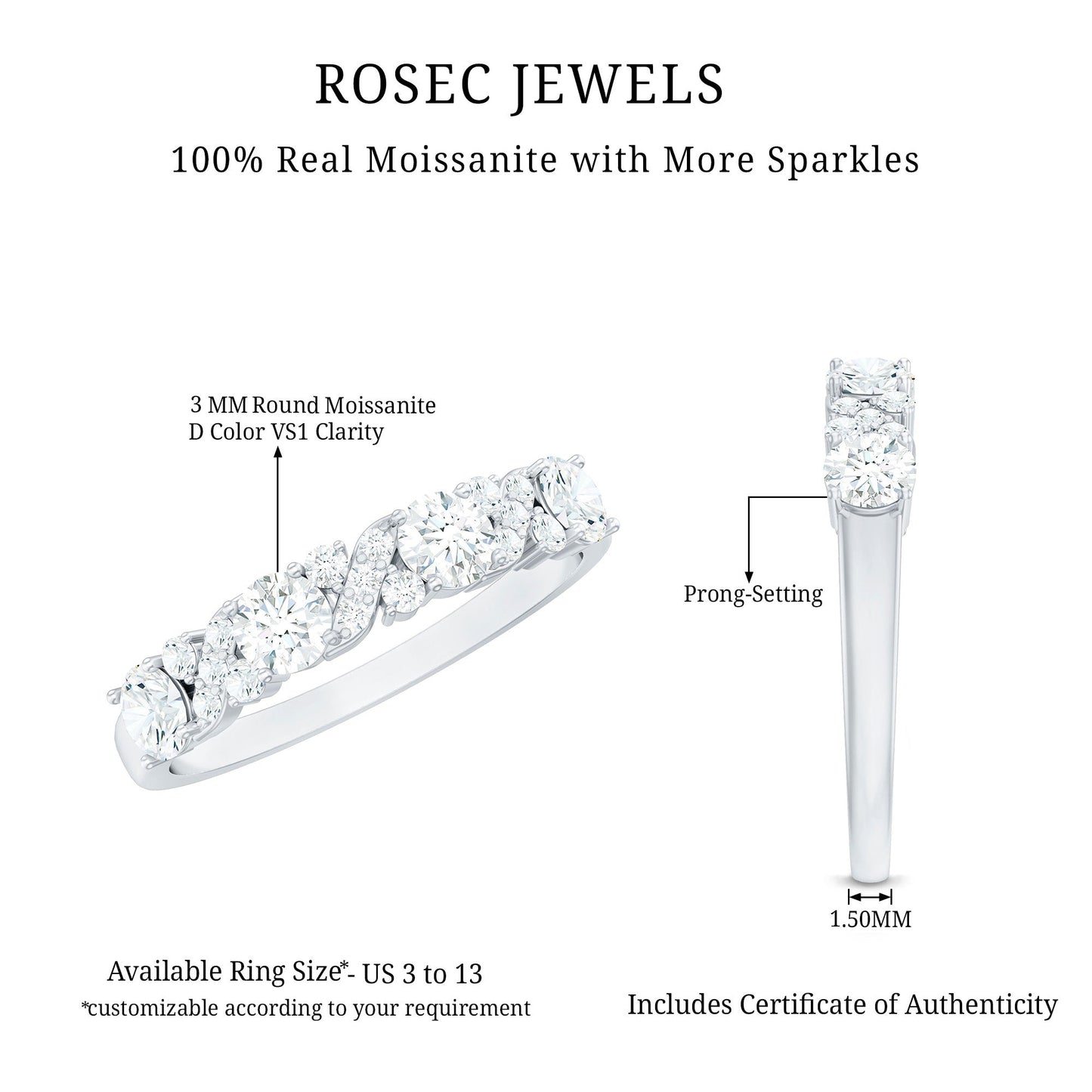 Certified Moissanite Half Eternity Stackable Band Ring