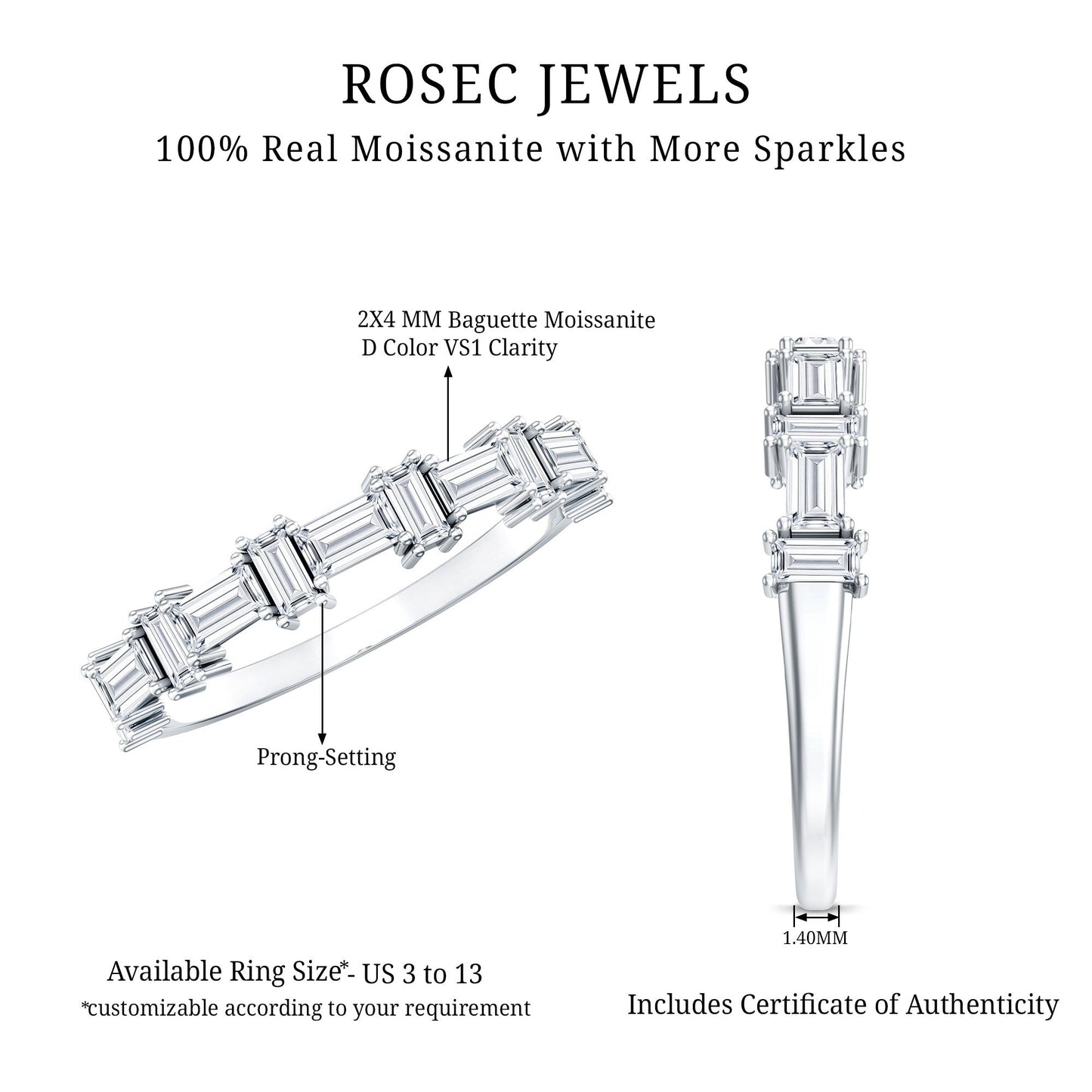 Baguette Cut Moissanite Designer Half Eternity Ring
