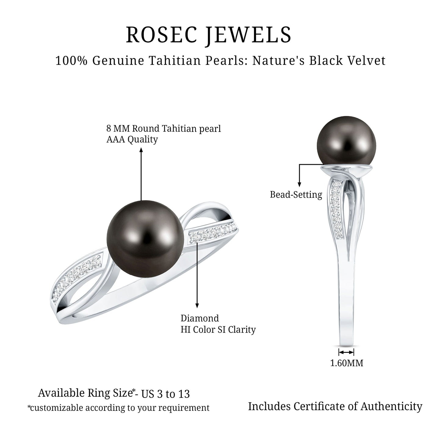 7.5 Carat Solitaire Tahitian Pearl Engagement Ring with Diamond