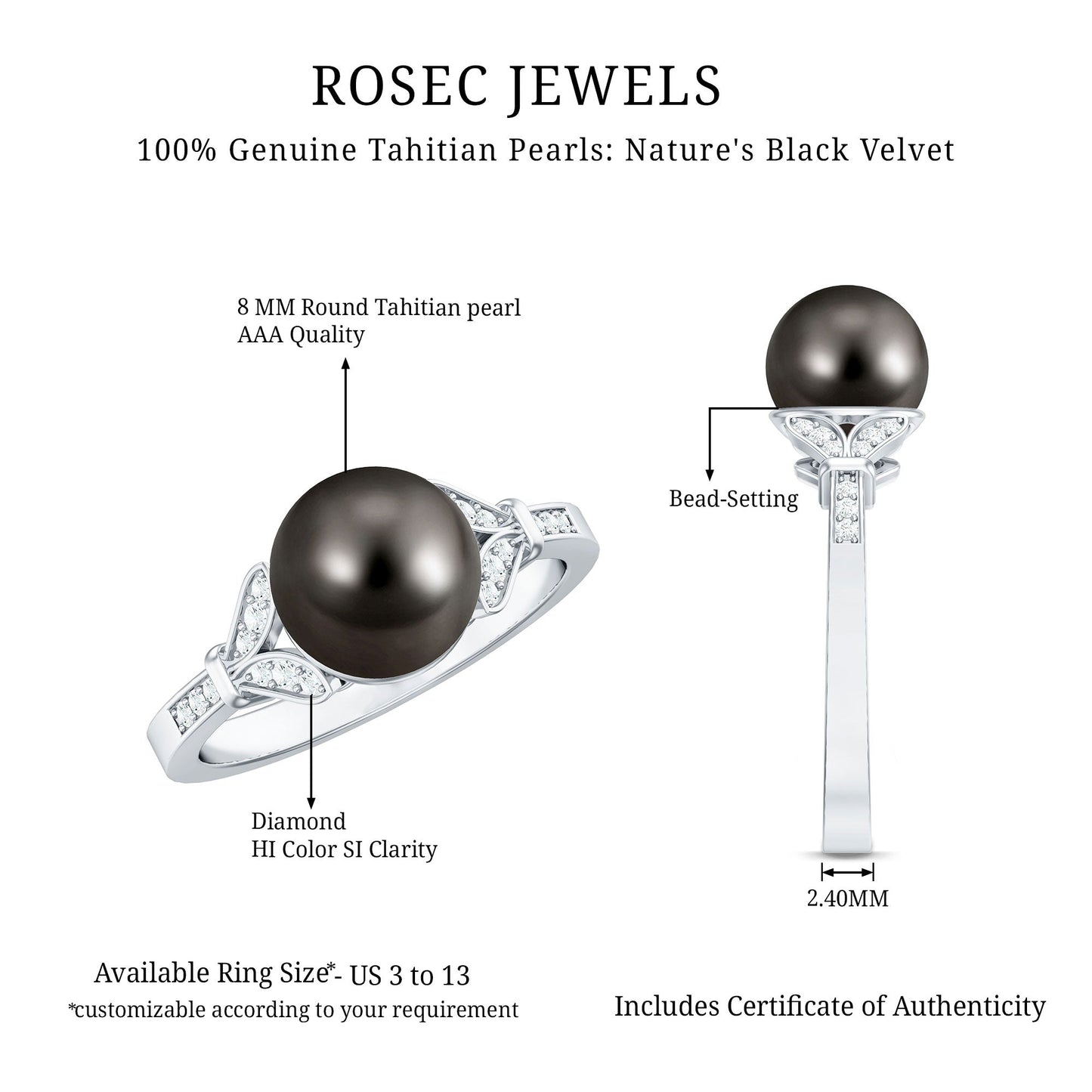 Tahitian Pearl and Diamond Engagement Ring with Split Shank