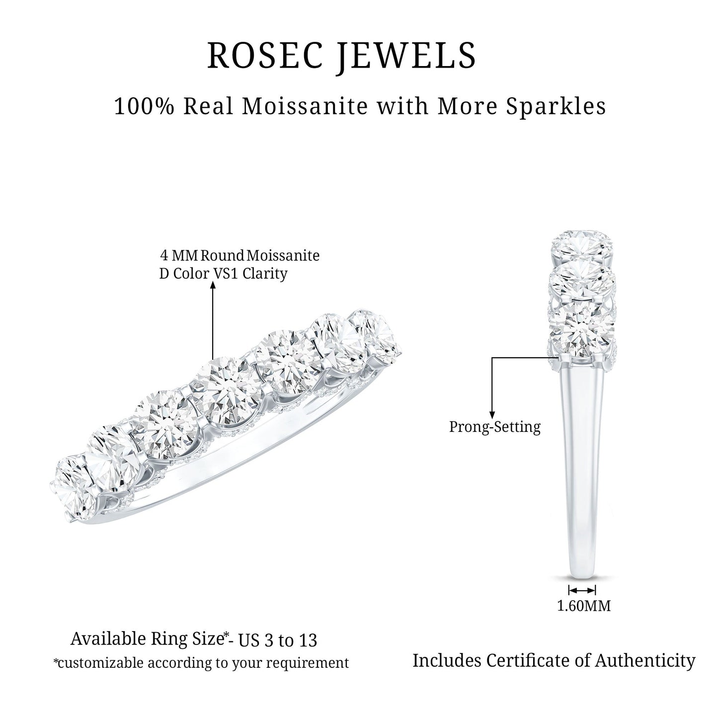 Shared Prong Set Round Moissanite Designer Wedding Band