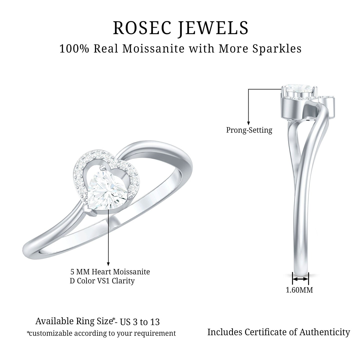 Certified Moissanite Heart Promise Ring for Her