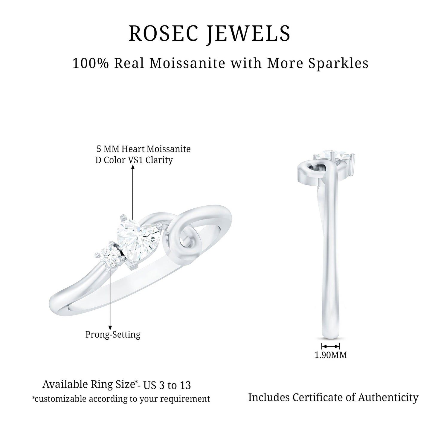 Certified Moissanite Heart Promise Ring with Twisted Shank