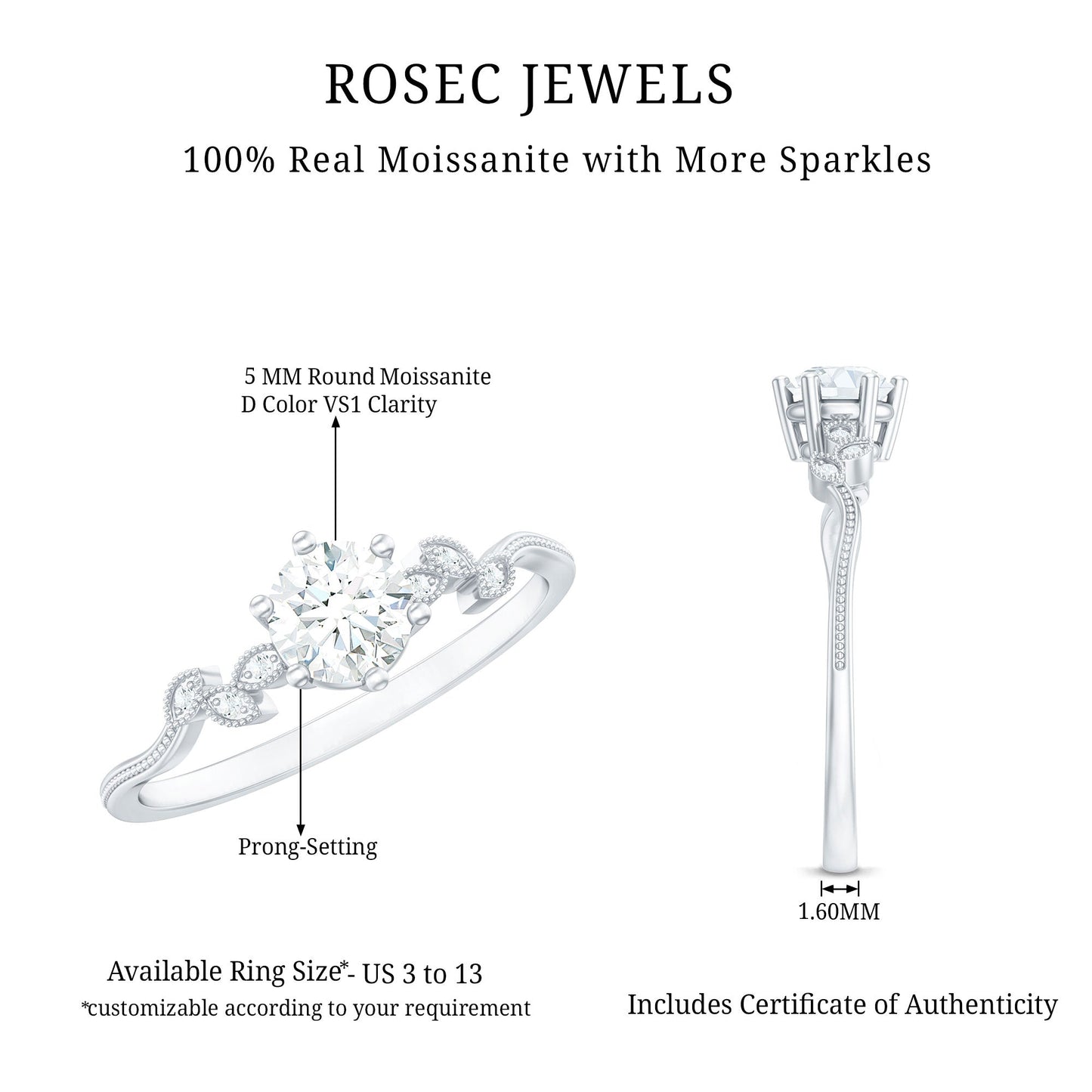 Certified Moissanite Flower Promise Ring with Beaded Detail