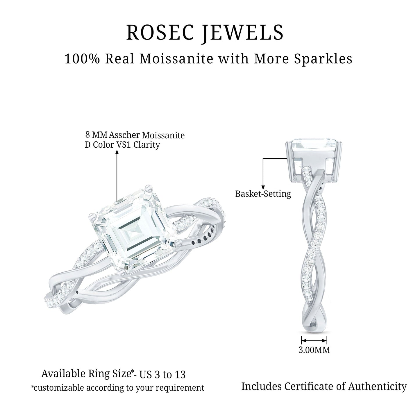 Solitaire Moissanite Asscher Cut Engagement Ring