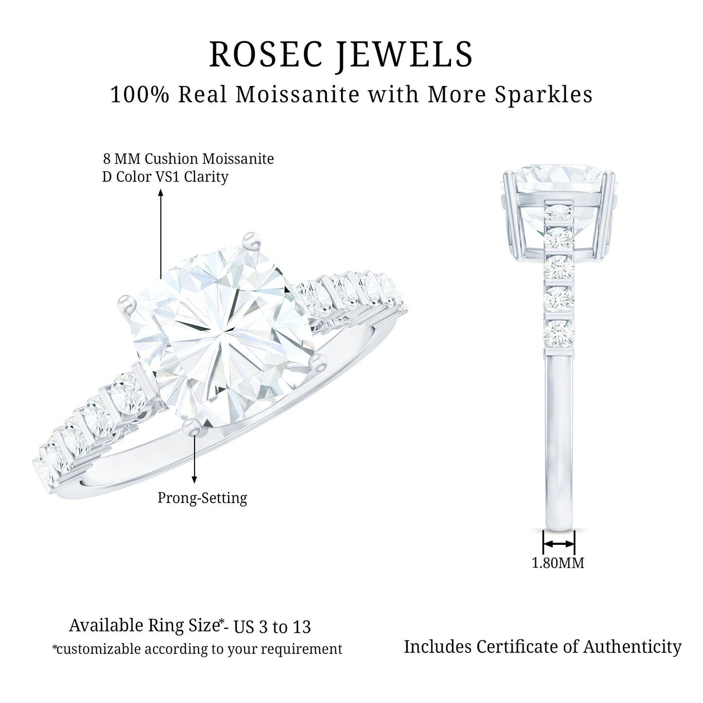 Solitaire Moissanite Cushion Cut Engagement Ring with Side Stones