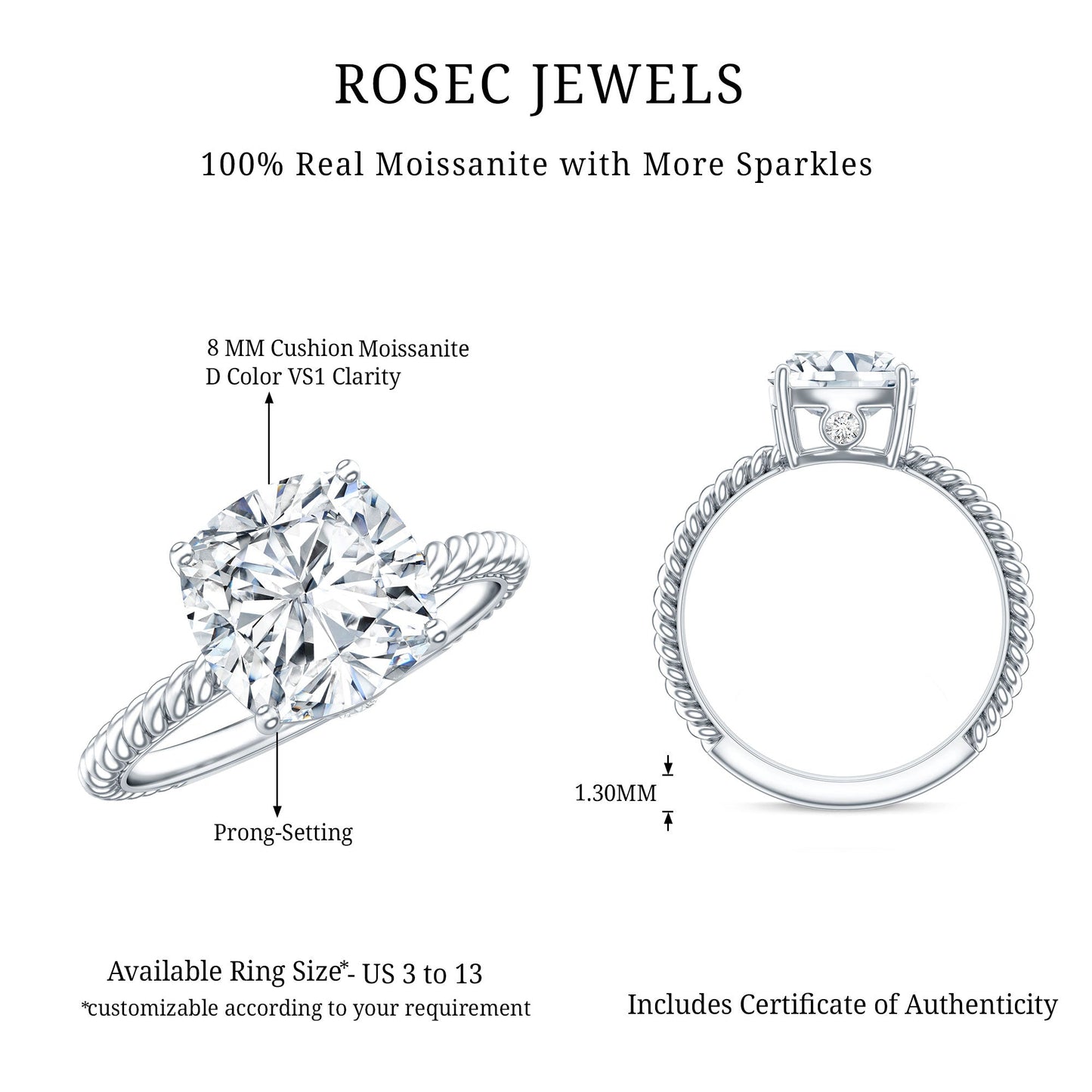 Cushion Cut Moissanite Solitaire Engagement Ring with Twisted Rope
