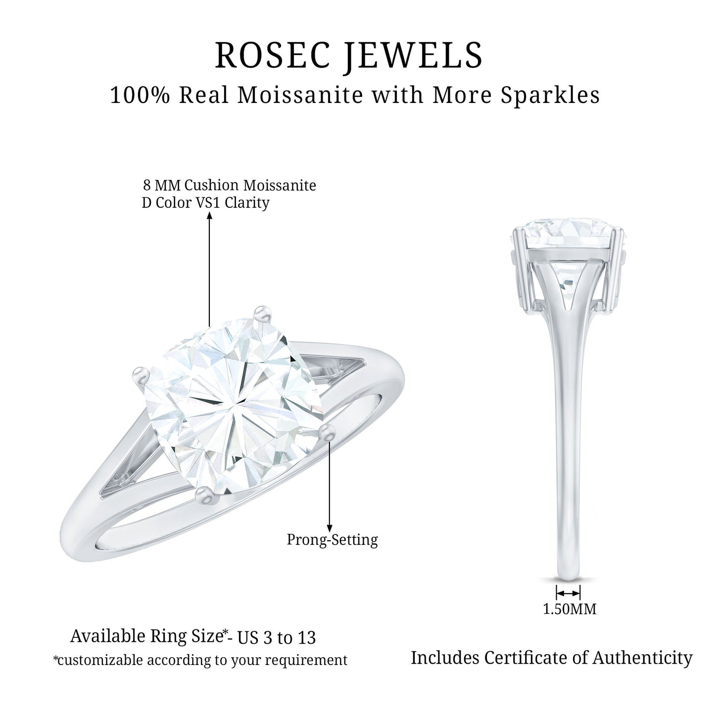 Cushion Cut Moissanite Engagement Ring With Split Shank