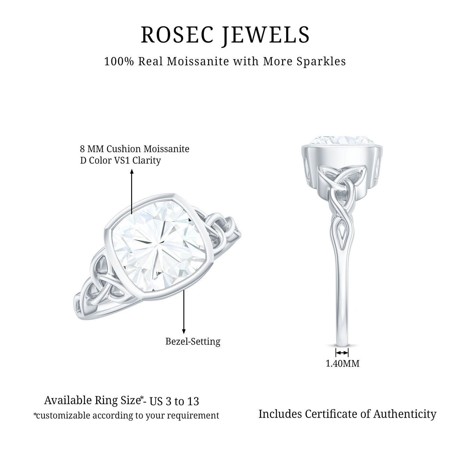 Cushion Cut Moissanite Solitaire Celtic Knot Ring in Bezel Setting