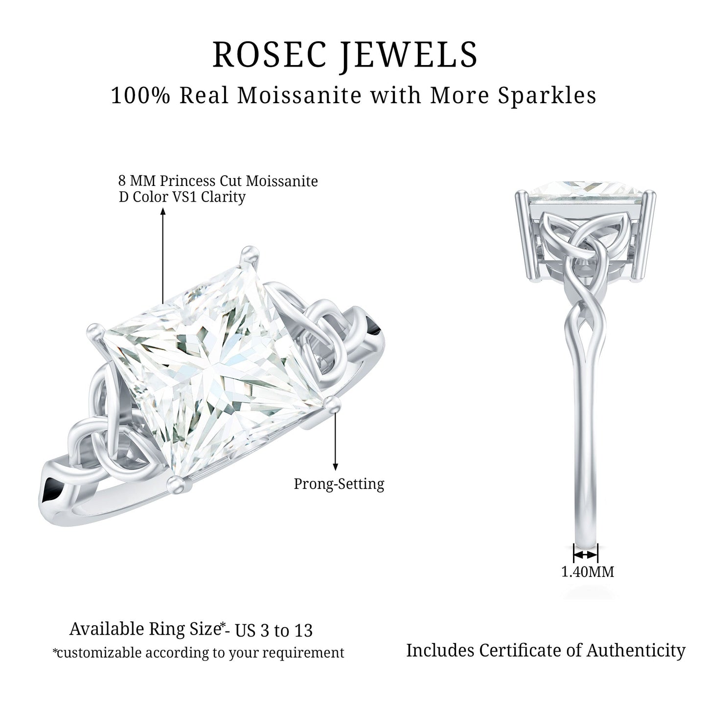 Princess Cut Moissanite Celtic Knot Engagement Ring for Women