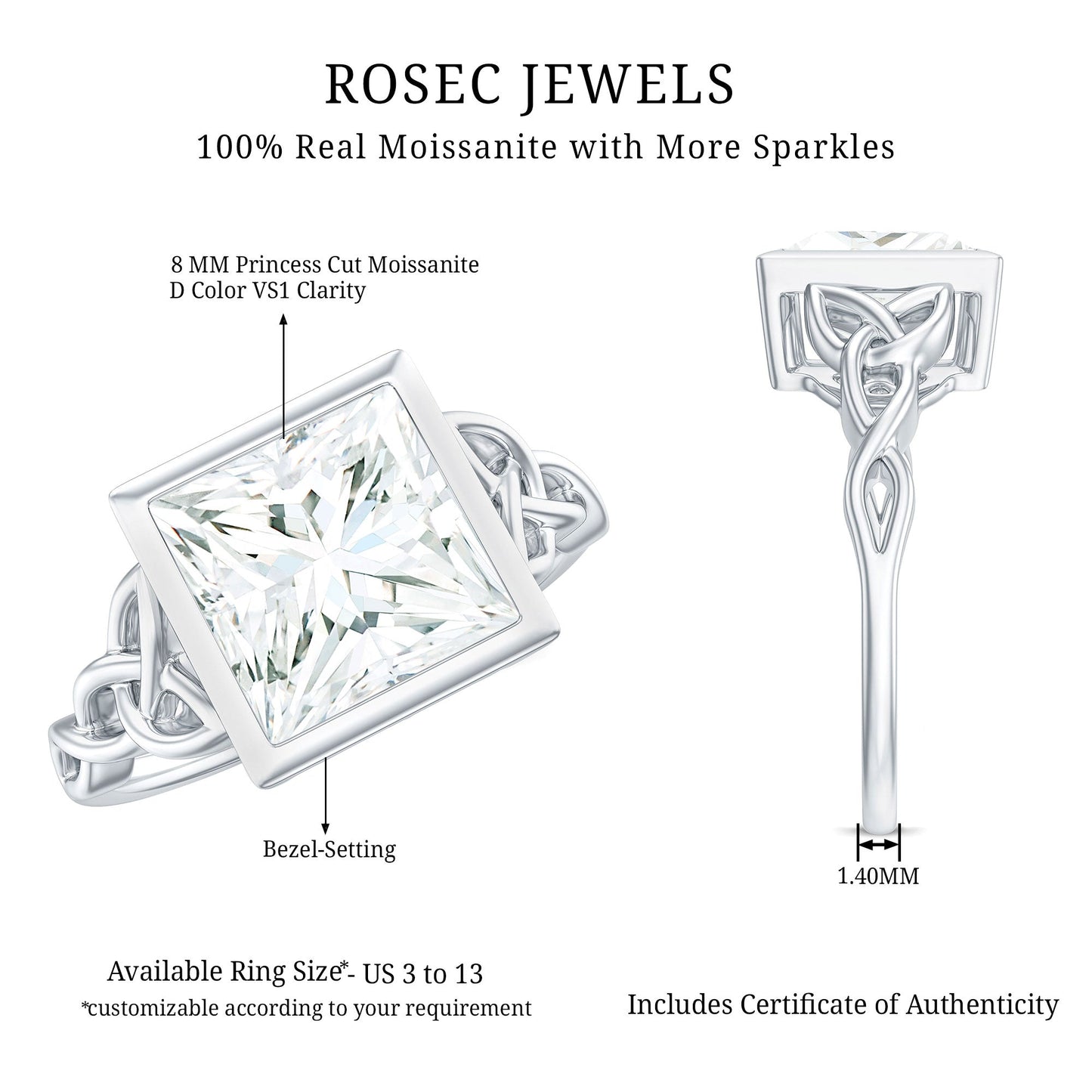 Princess Cut Moissanite Celtic Engagement Ring in Bezel Setting