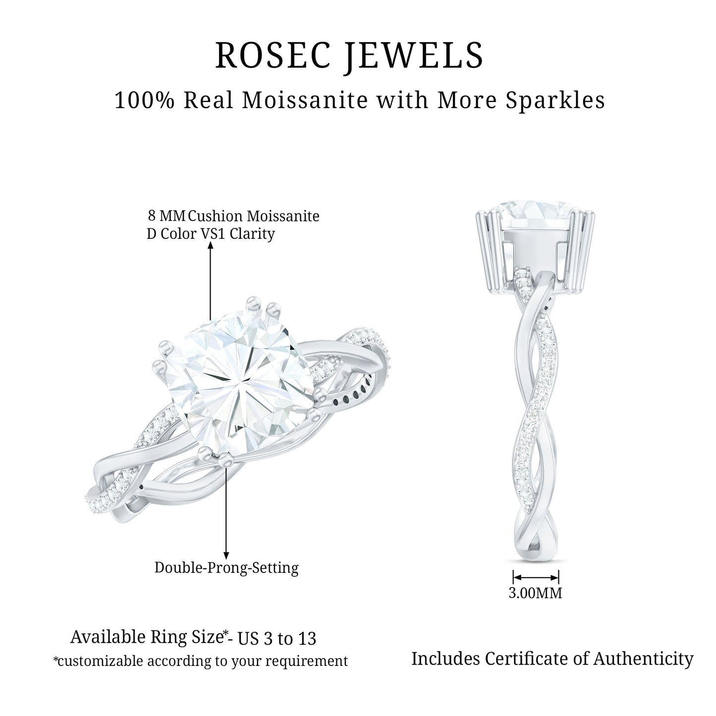Cushion Cut Solitaire Moissanite Braided Engagement Ring