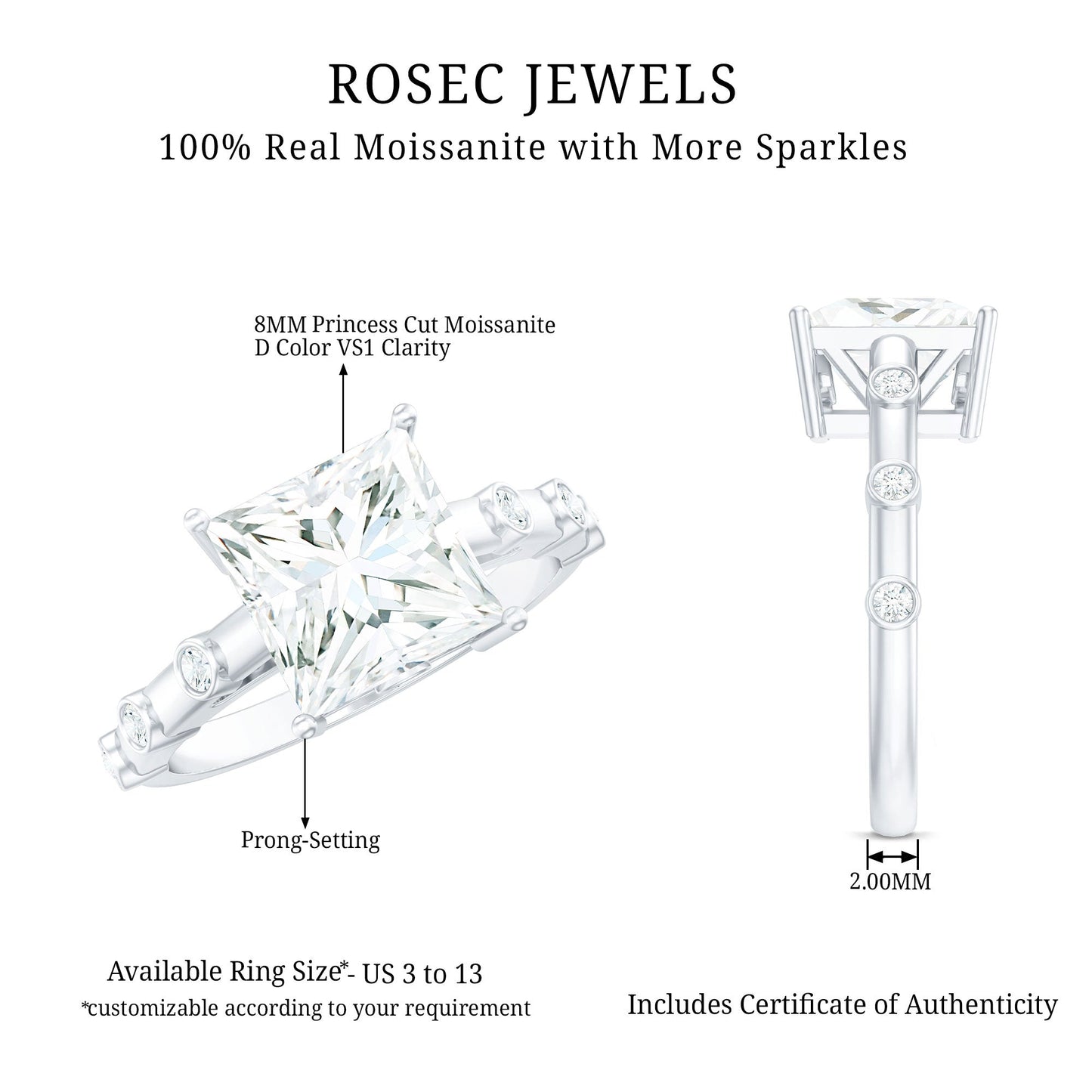 Princess Cut Moissanite Solitaire Engagement Ring with Spaced Accent