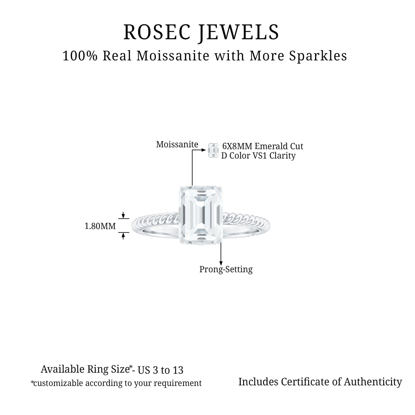 Emerald Cut Moissanite Engagement Ring with Twisted Rope Design