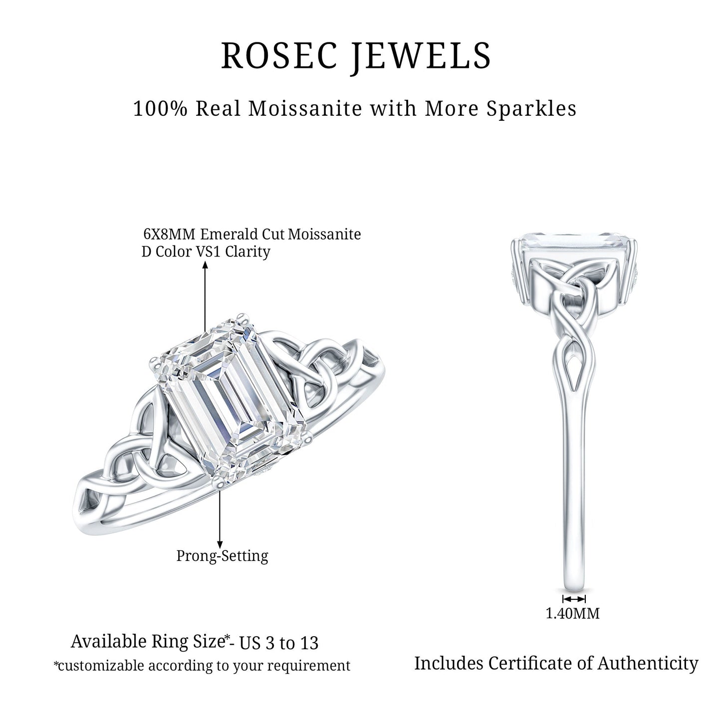 1.8 Carat Emerald Cut Moissanite Engagement Ring with Celtic Details