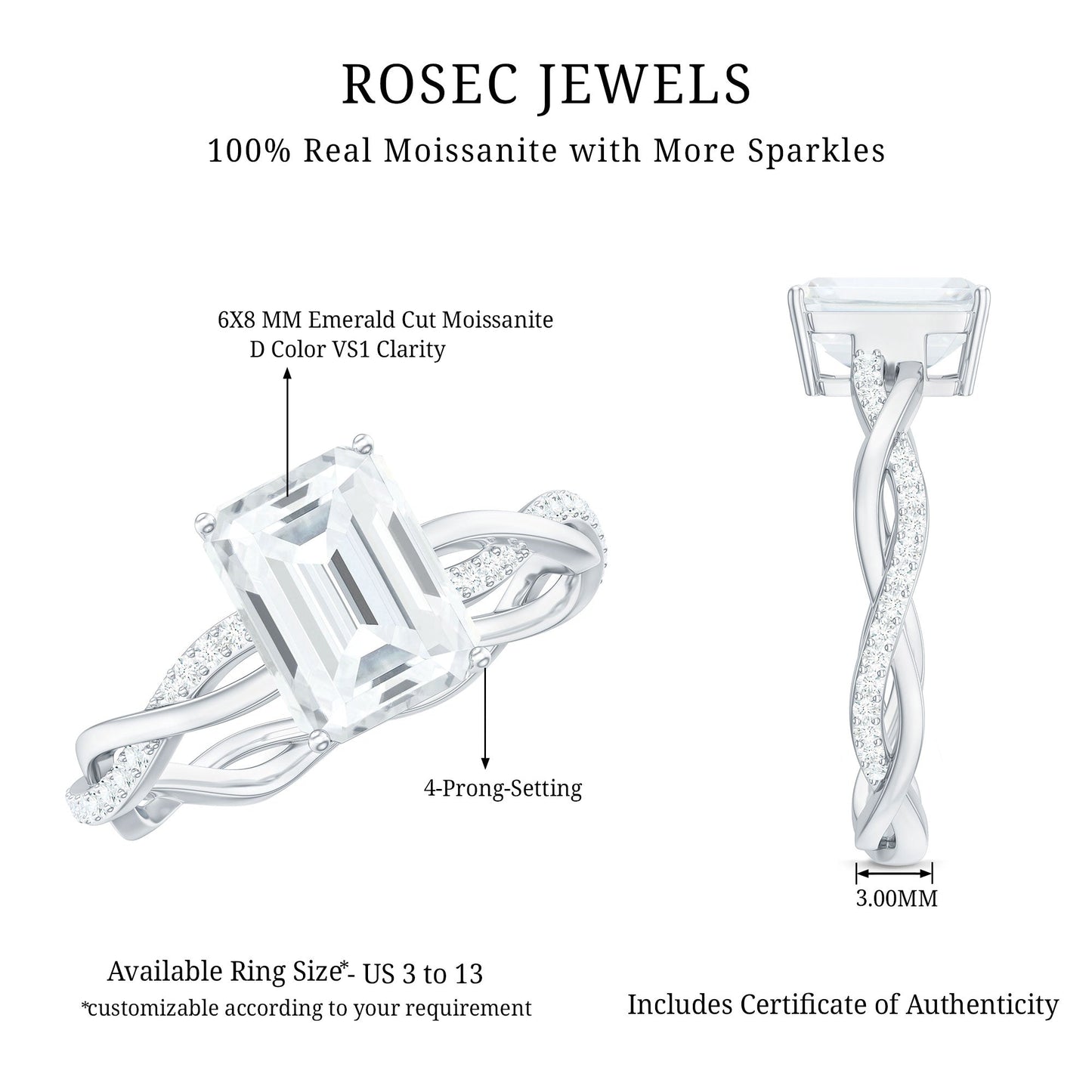 Emerald Cut Moissanite Solitaire Engagement Ring with Braided Band