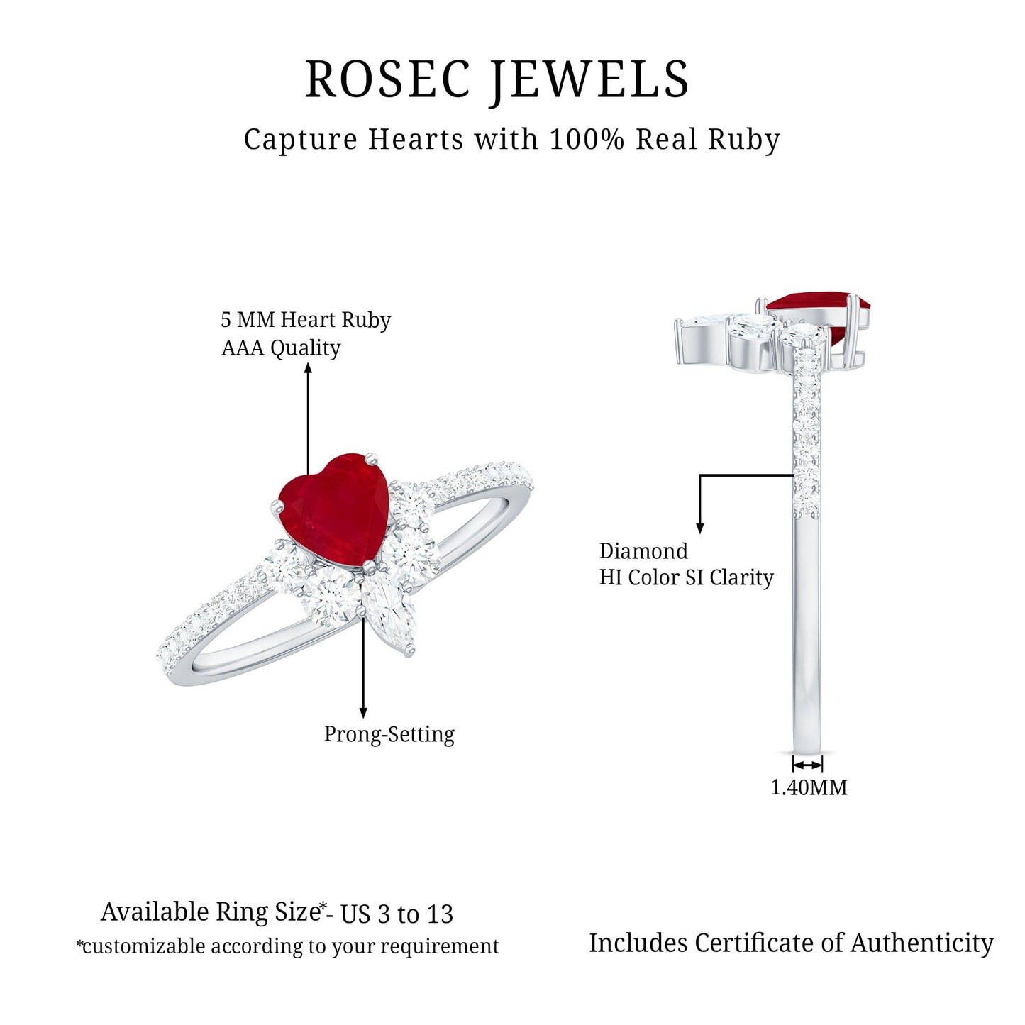 Natural 0.6 Carat Ruby Heart Promise Ring with Diamond for Women