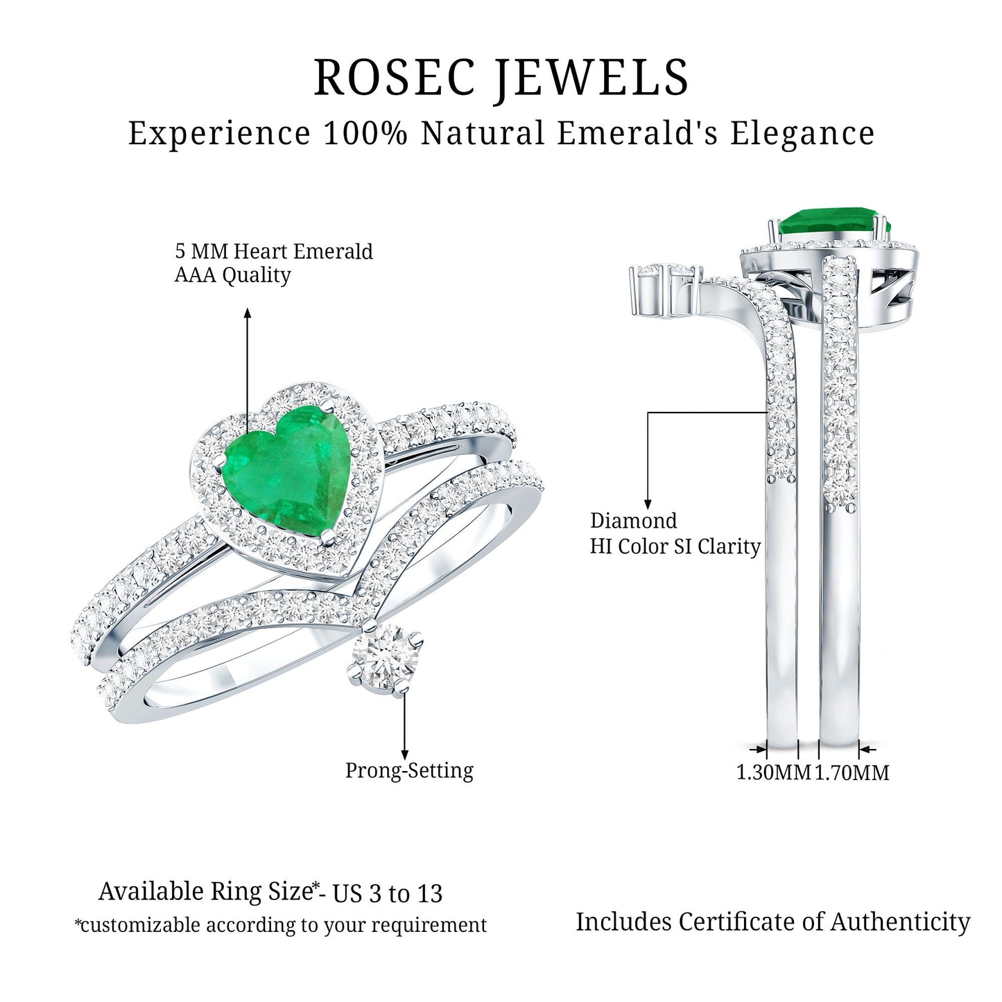 Real Emerald and Diamond Heart Wedding Ring Set with Certificate