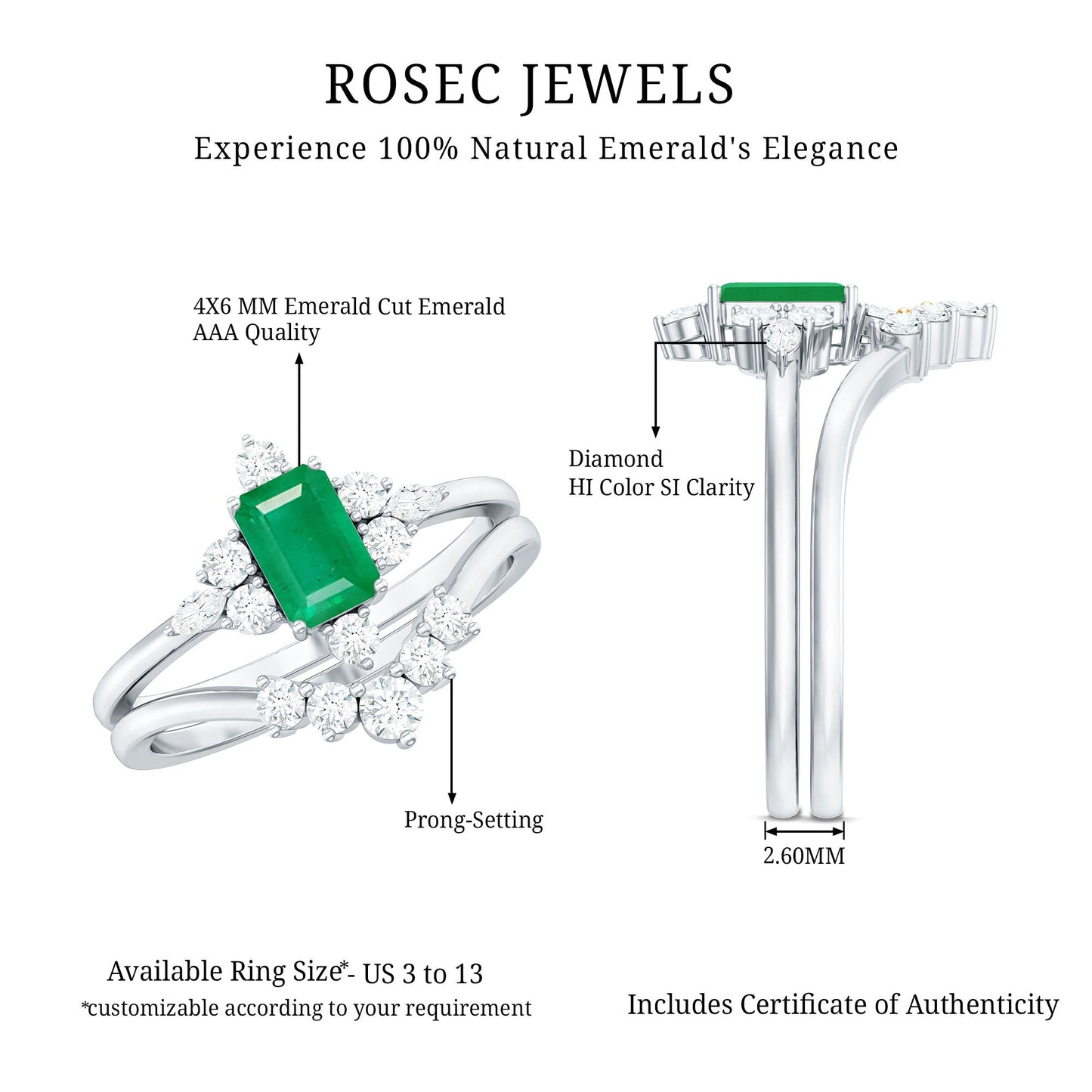 Natural Emerald Diamond Emerald Cut Engagement Ring and Wedding Band Set