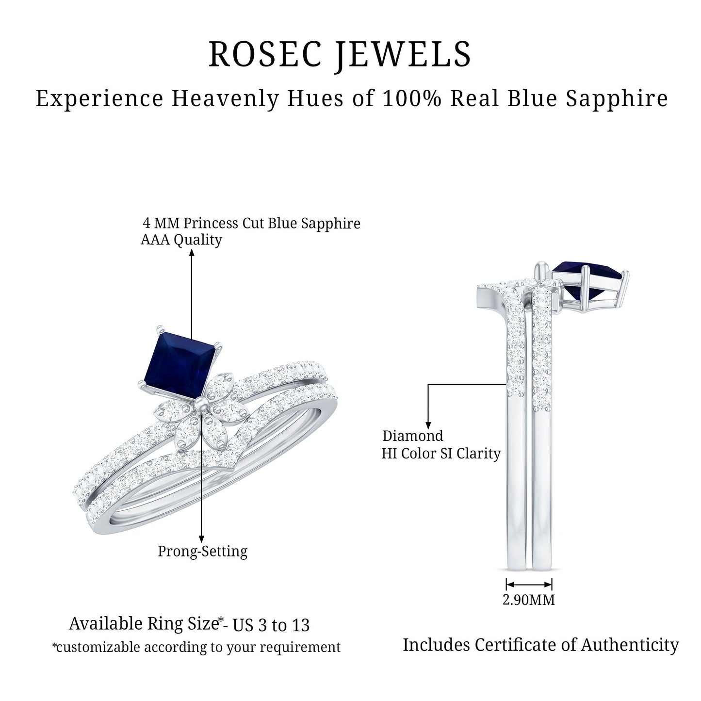 Designer Princess Cut Blue Sapphire and Diamond Flower Wedding Ring Set