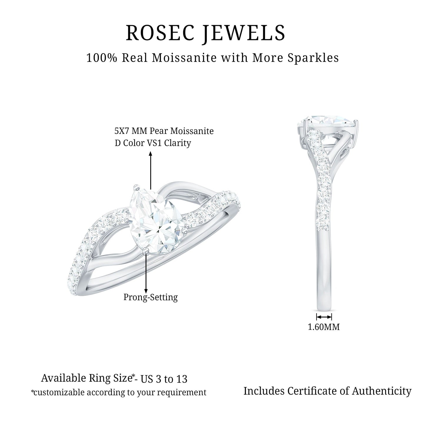 Certified Pear Cut Moissanite Split Shank Engagement Ring